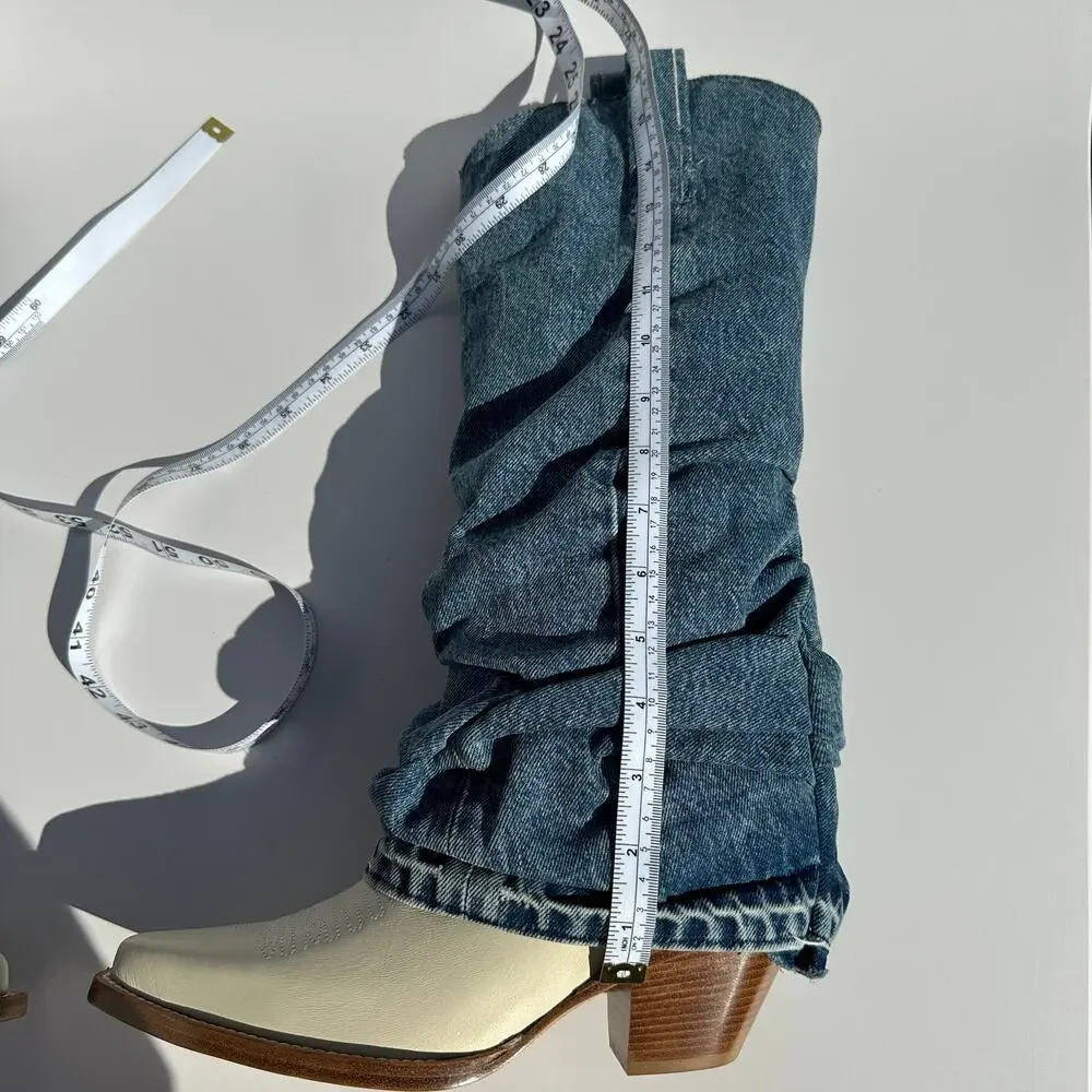 R13 Mid Cowboy Boots with Denim Sleeve Shaft Indigo Blue Ivory Size 38 NIB $1395 - Picture 16 of 16